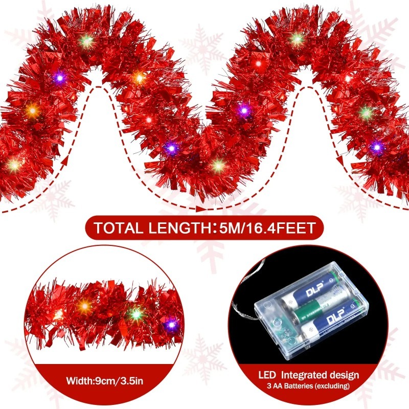 Tinsel Garland Decoration - Op batterijen werkende kerstglinsterlichten 5M rode