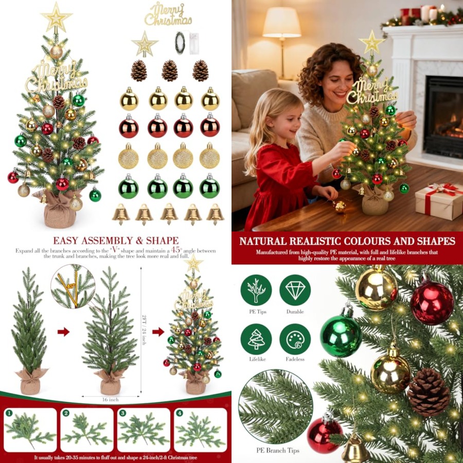 Christmas Tree Artificial - 2FT Mini Kerstboom, Tafelkerstboom met 30
