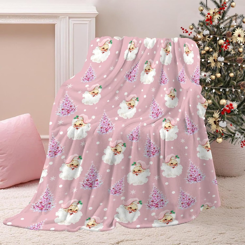 Christmas Throw Blanket - Zachte pluche kerstdeken, schattige kerstman roze