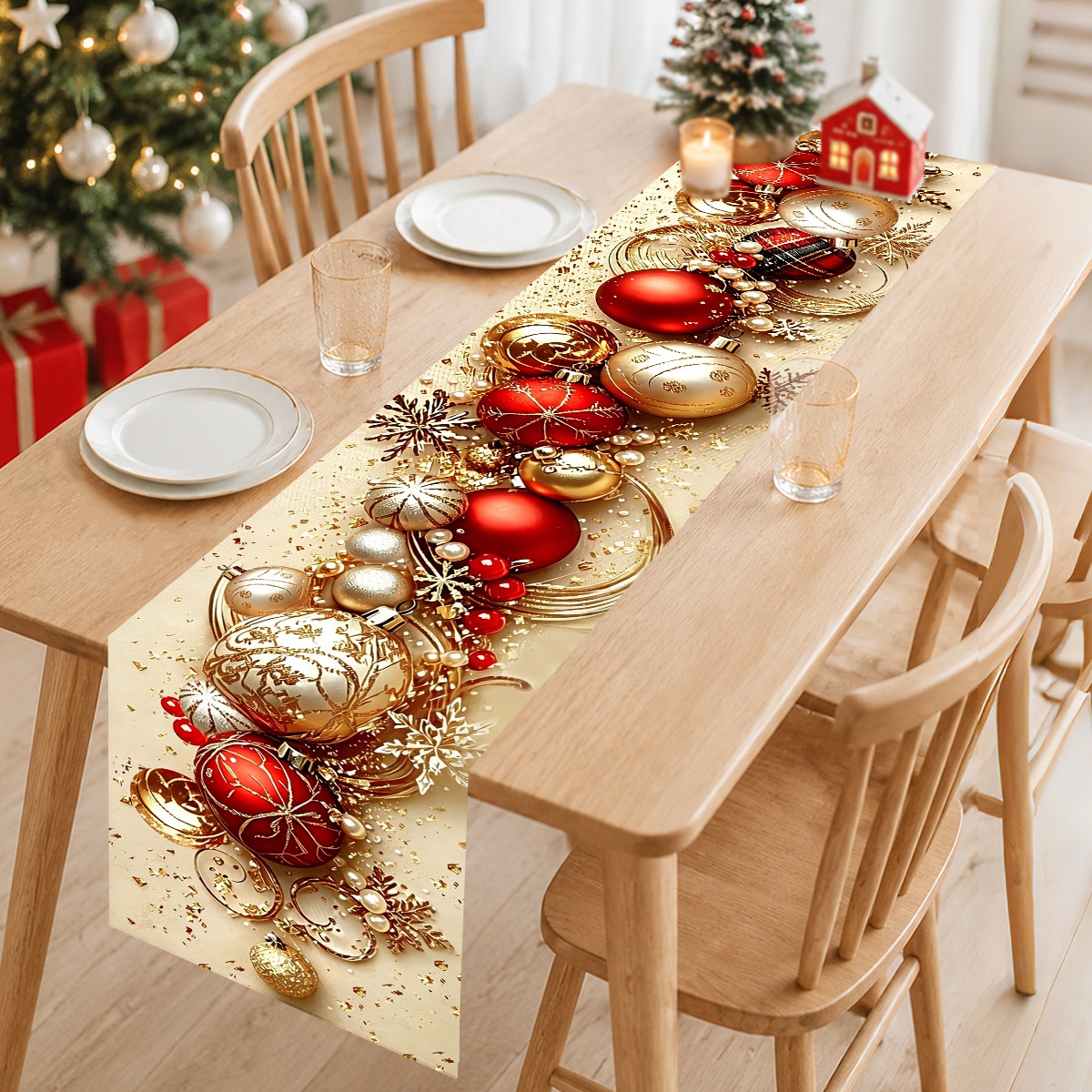 Christmas Table Runner - Retro Kersttafelkleed Kerstbal Sneeuwvlok Design Polyester