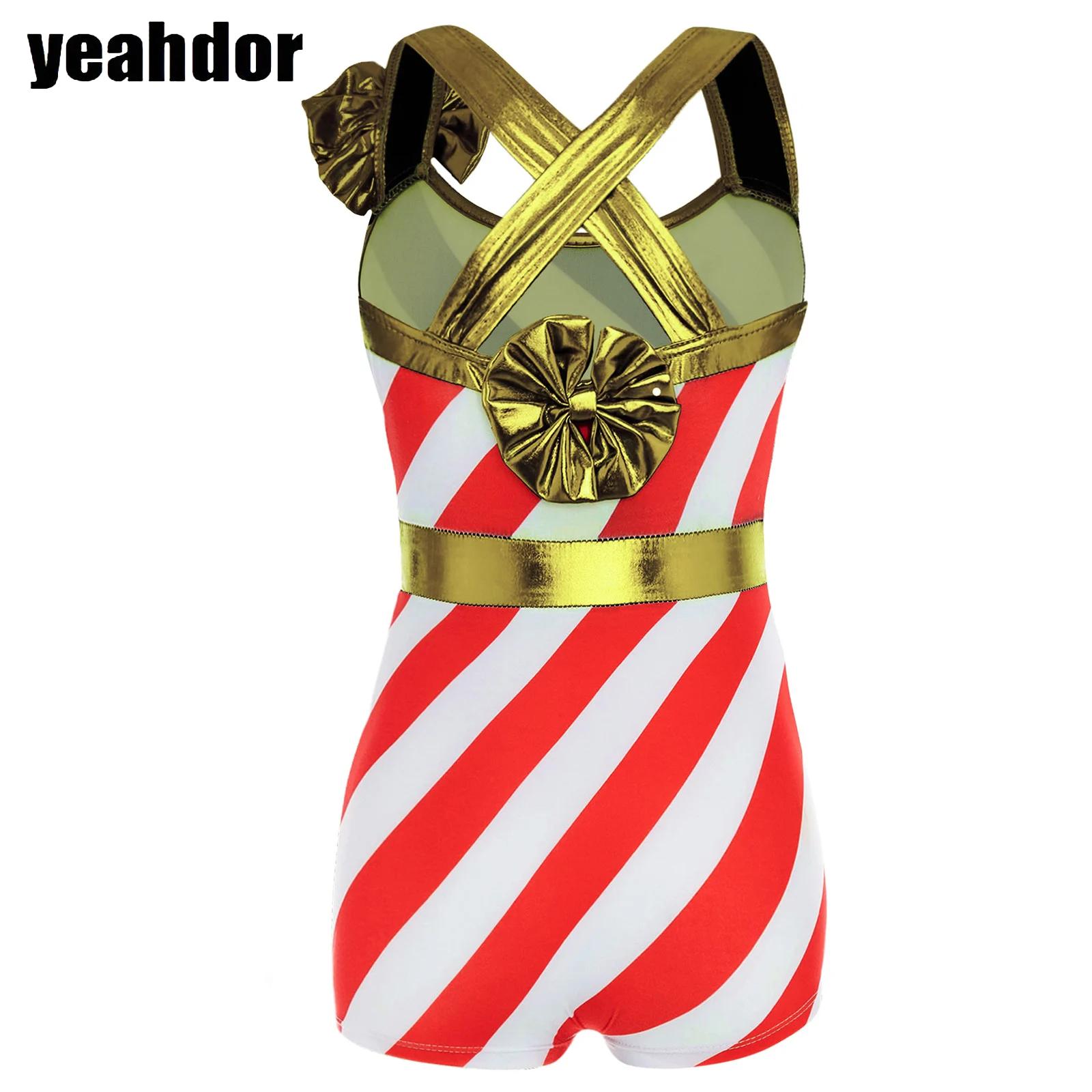 Elf Costume Christmas - Meisjes kerstdanskostuums snoepgoed gestreepte bodysuit gekruiste