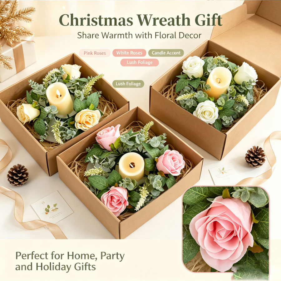 Christmas Wreath Fake - Kunstmatige rozenkransvormige kandelaar, bloemenguirlande, desktop kaarsenhouder,