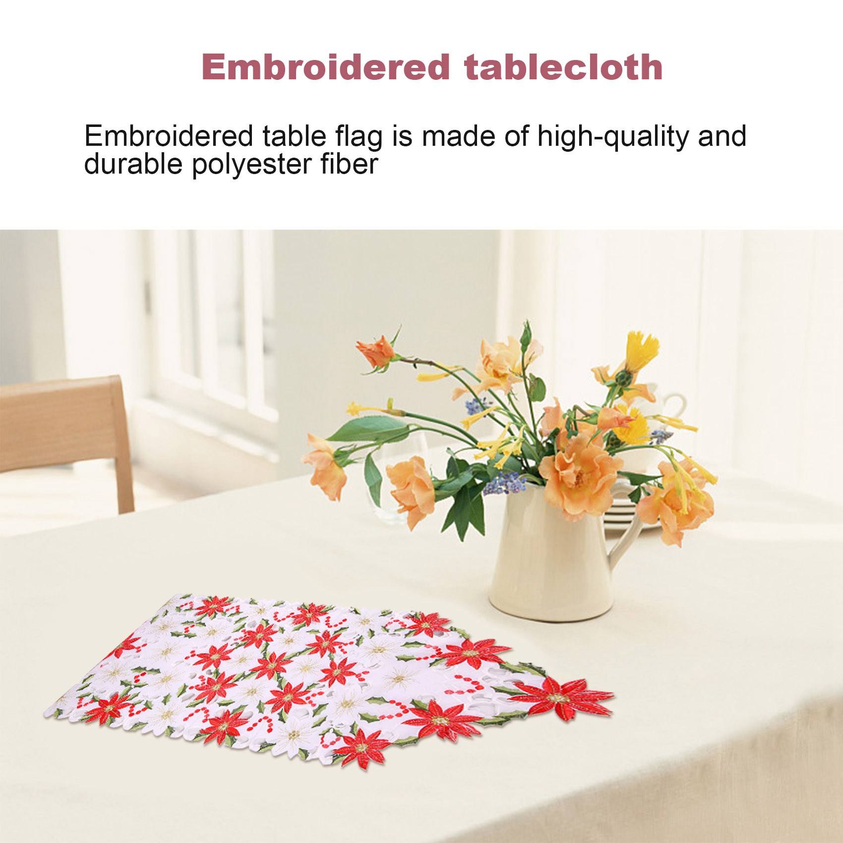 Christmas Table Runner - Kerst geborduurde tafelloper, luxe Holly Poinsettia