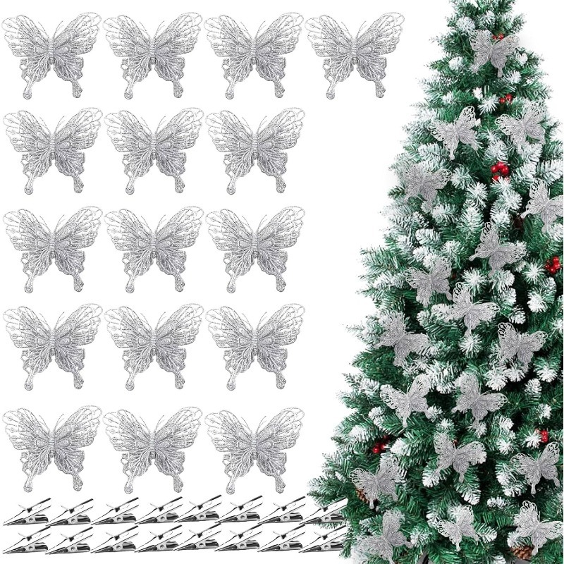 Christmas Wreath Fake - Zilveren glitter holle vlinderclips ornamenten kunstmatige
