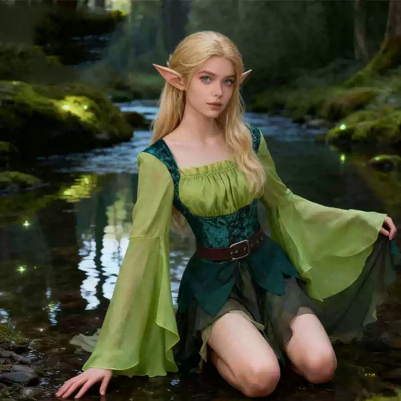 Elf Costume Christmas - Elf-middeleeuwse groene feeënjurk voor dames, magische