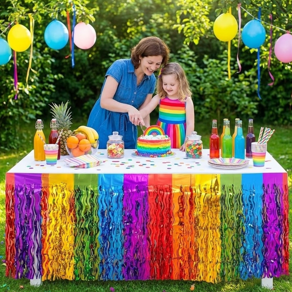 Tinsel Garland Decoration - 2-pack regenboogkleurige golvende metallic tinsel tafelrokken